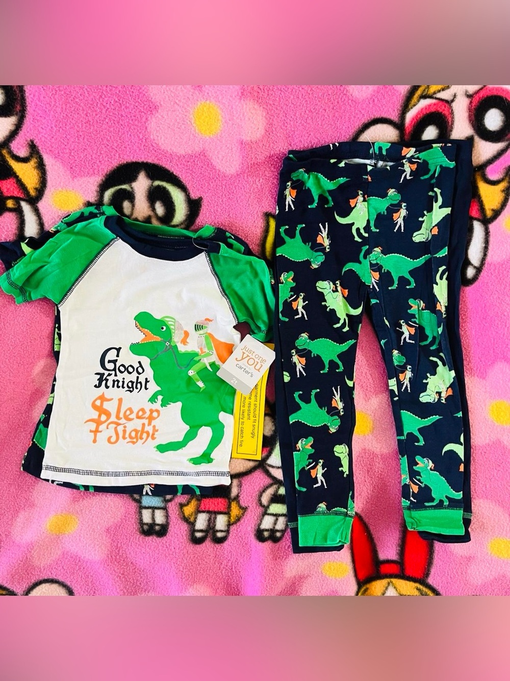 Carter's BOYS TODDLER Navy & Green Dinosaur 'Good Knight Sleep Tight' Pajama Set